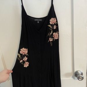 Women’s simple button up black dress with embroidery